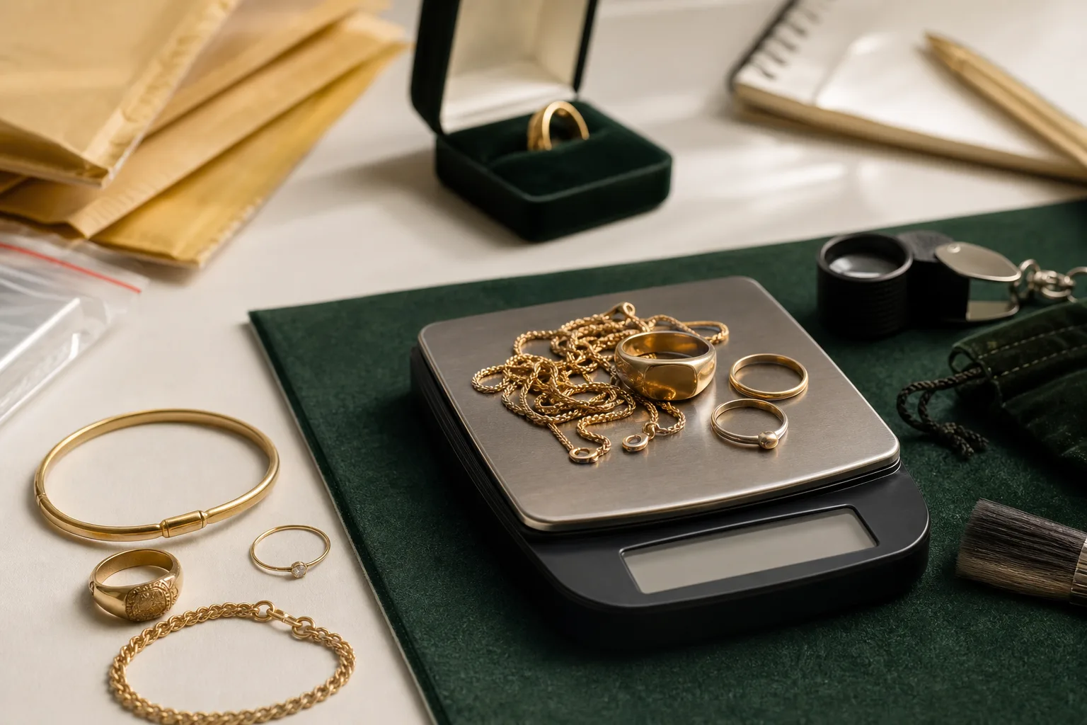 Ärvda silverbestick i solfjäder på filt bredvid digital gramvåg